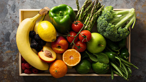 fruits and vegetables on a tray